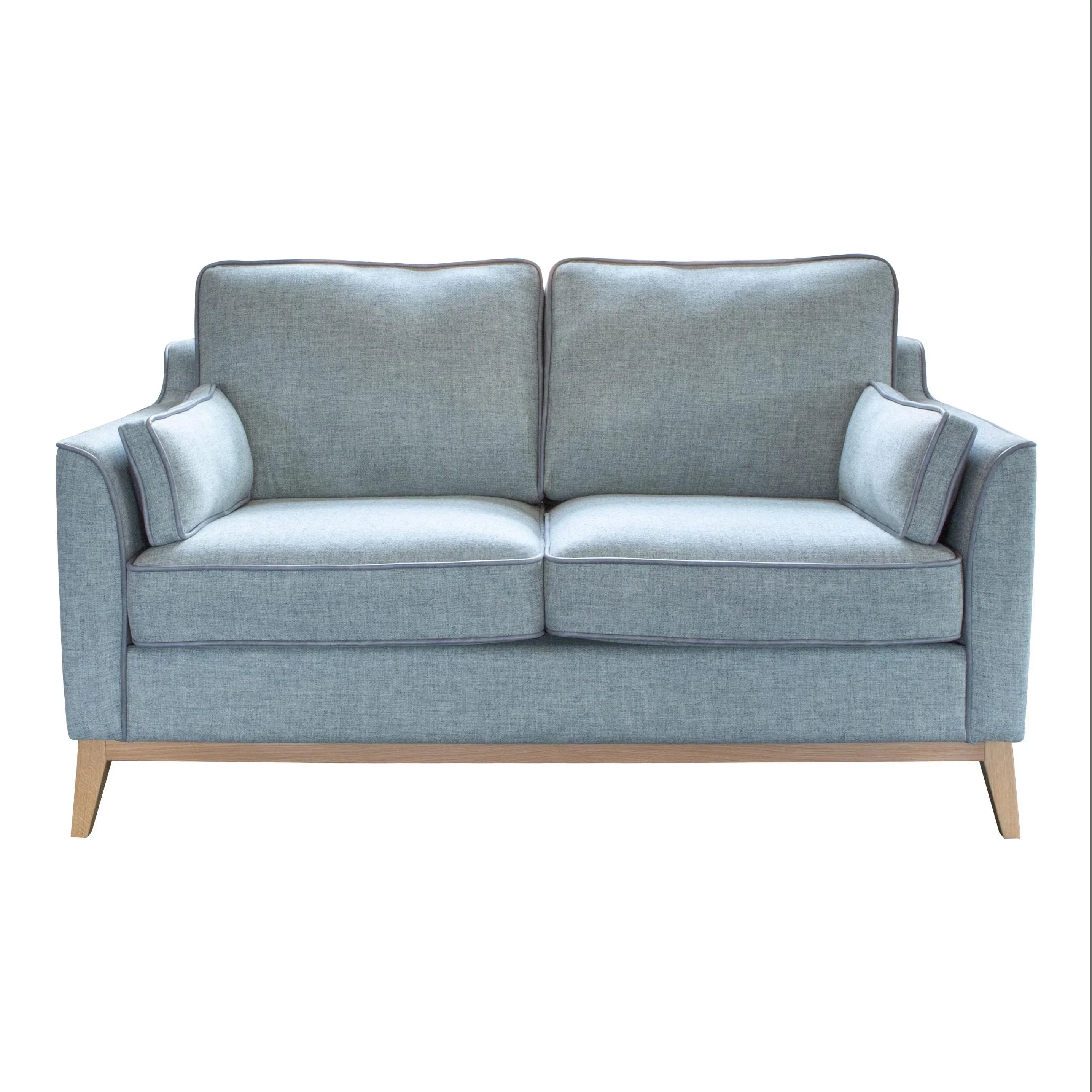 Light grey fabric two-seater sofa with wooden legs and matching scatter cushions, front view