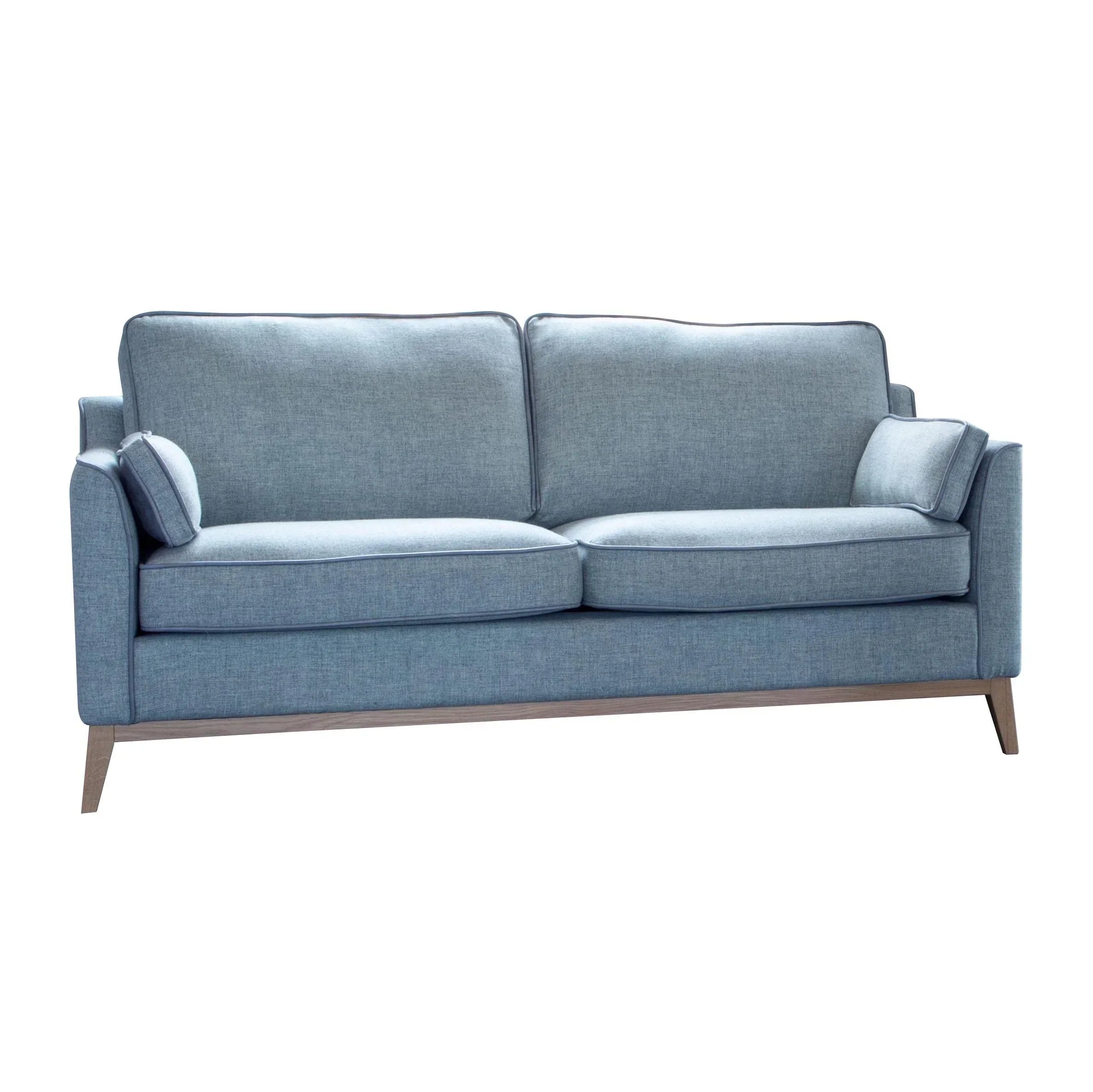 Light blue fabric sofa with wooden legs and angled armrests
