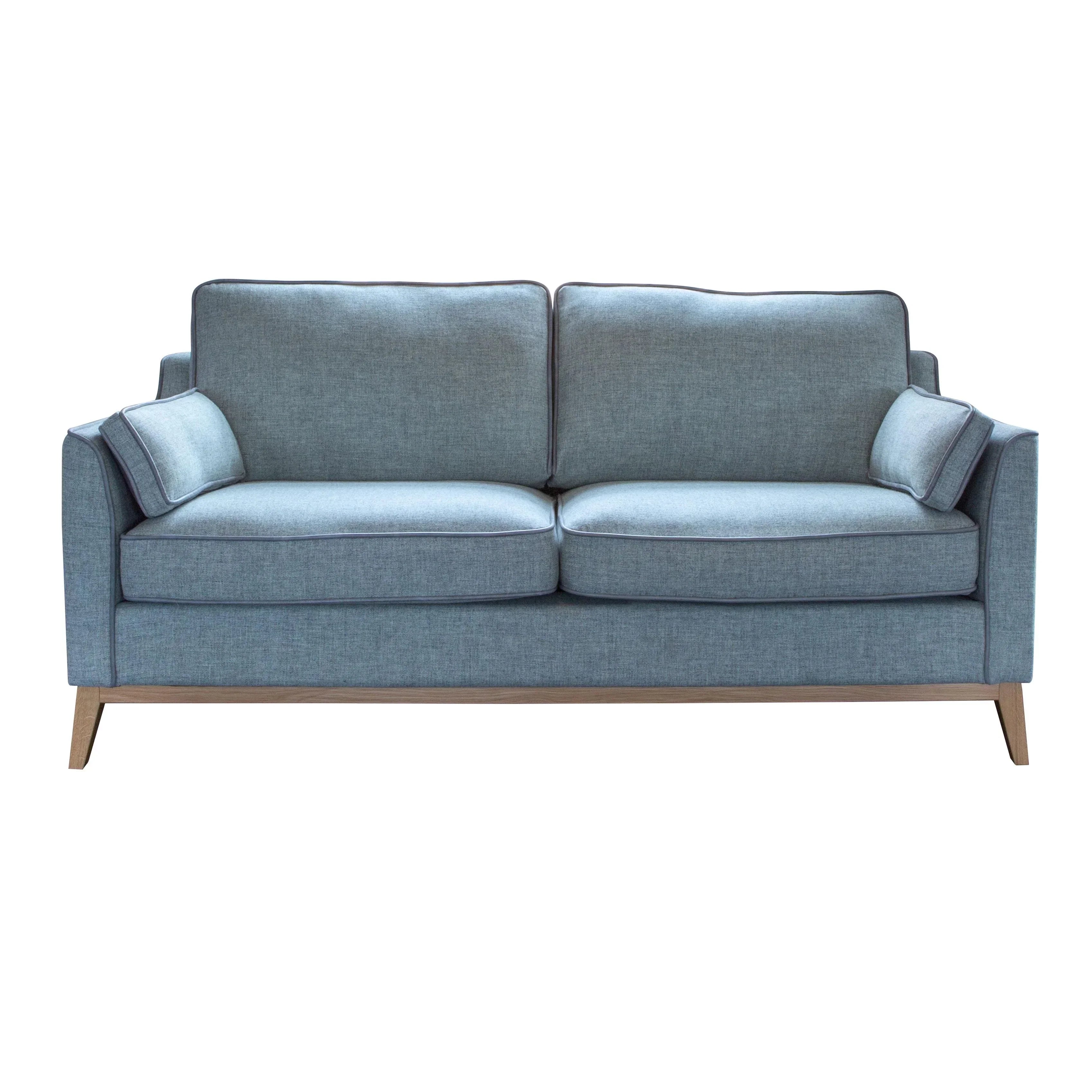 Blue fabric sofa with wooden legs and two seat cushions, front view