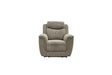 A single upholstered recliner chair in a textured light gray fabric, shown from the front against a plain white background.