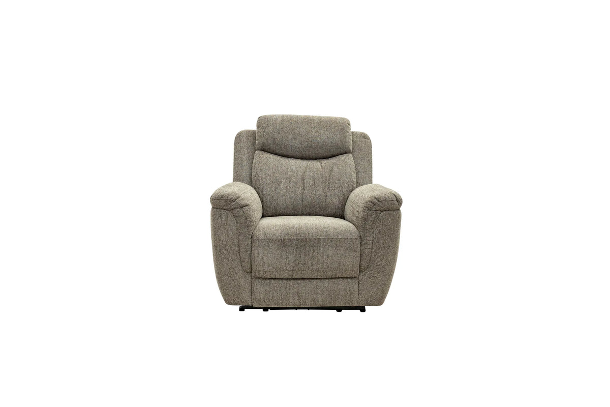 A single upholstered recliner chair in a textured light gray fabric, shown from the front against a plain white background.
