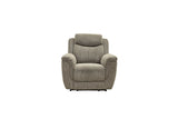 A single upholstered recliner chair in a textured light gray fabric, shown from the front against a plain white background.
