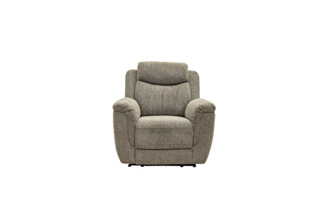A single upholstered recliner chair in a textured light gray fabric, shown from the front against a plain white background.