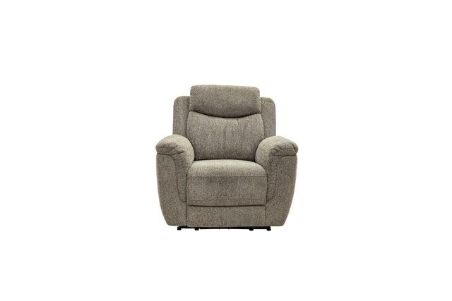 A single upholstered recliner chair in a textured light gray fabric, shown from the front against a plain white background.
