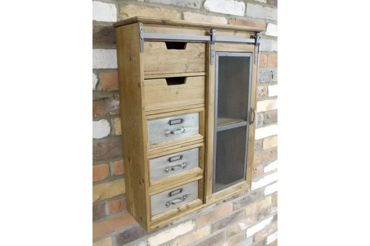 Wall mounted wooden storage cabinet with metal drawers and mesh sliding door