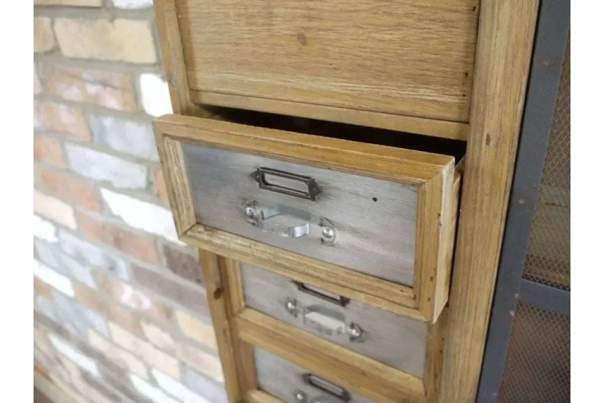 Industrial chest of drawers with wood frame and metal handles, one drawer open