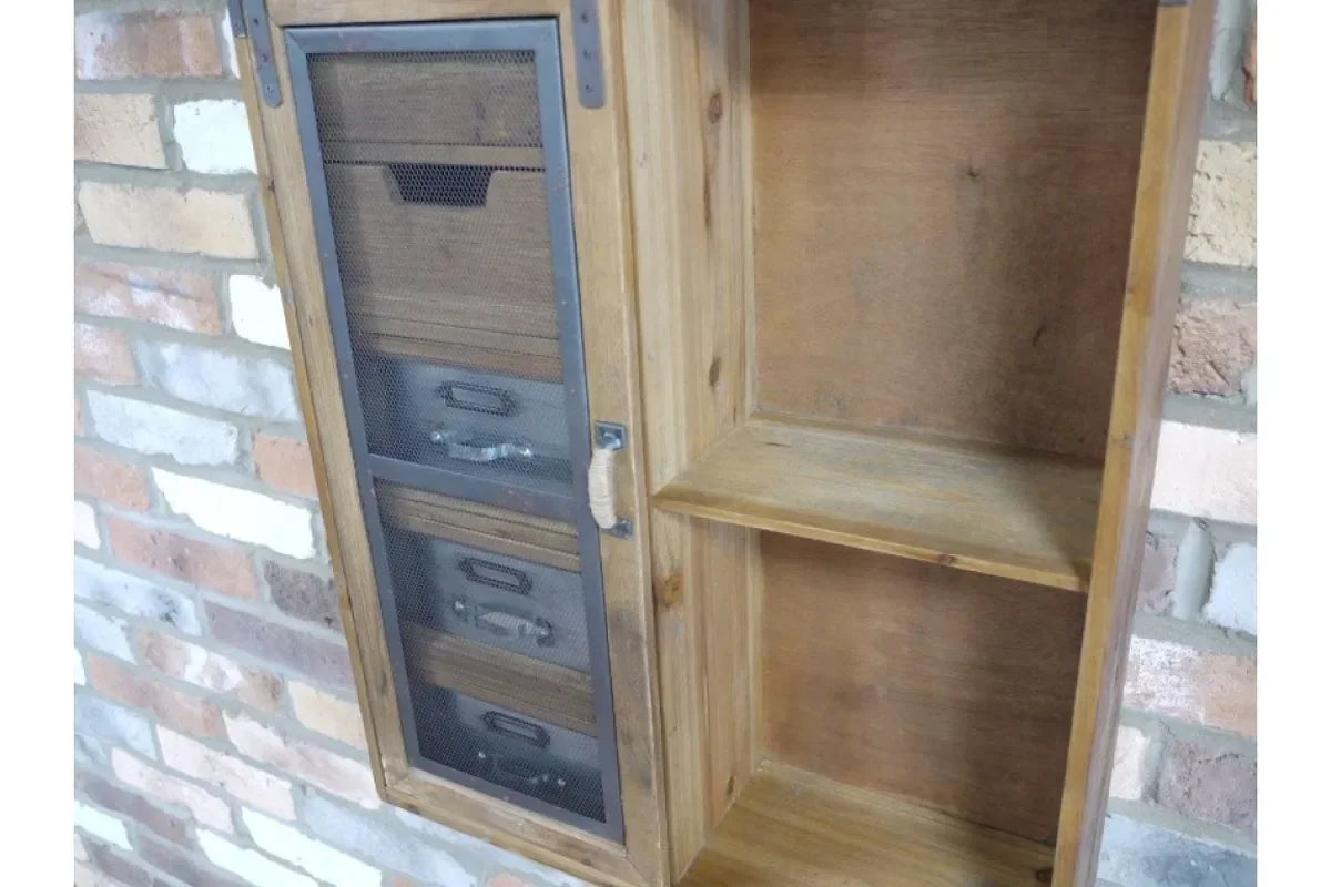 Rustic wooden wall cabinet with mesh door and three metal drawers beside open shelving