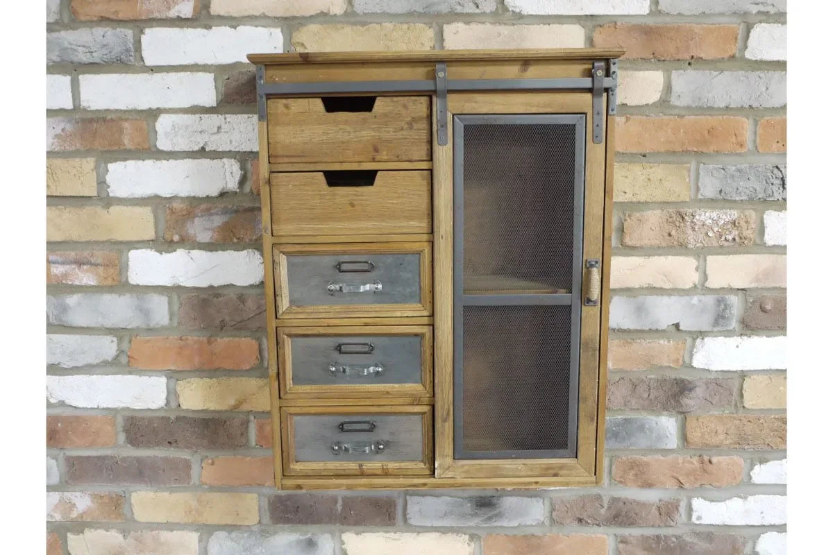 Wall mounted wooden storage cabinet with metal drawers and mesh door