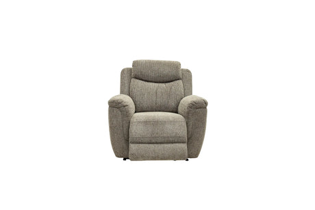 A single upholstered recliner chair in a textured light gray fabric, shown from the front against a plain white background.