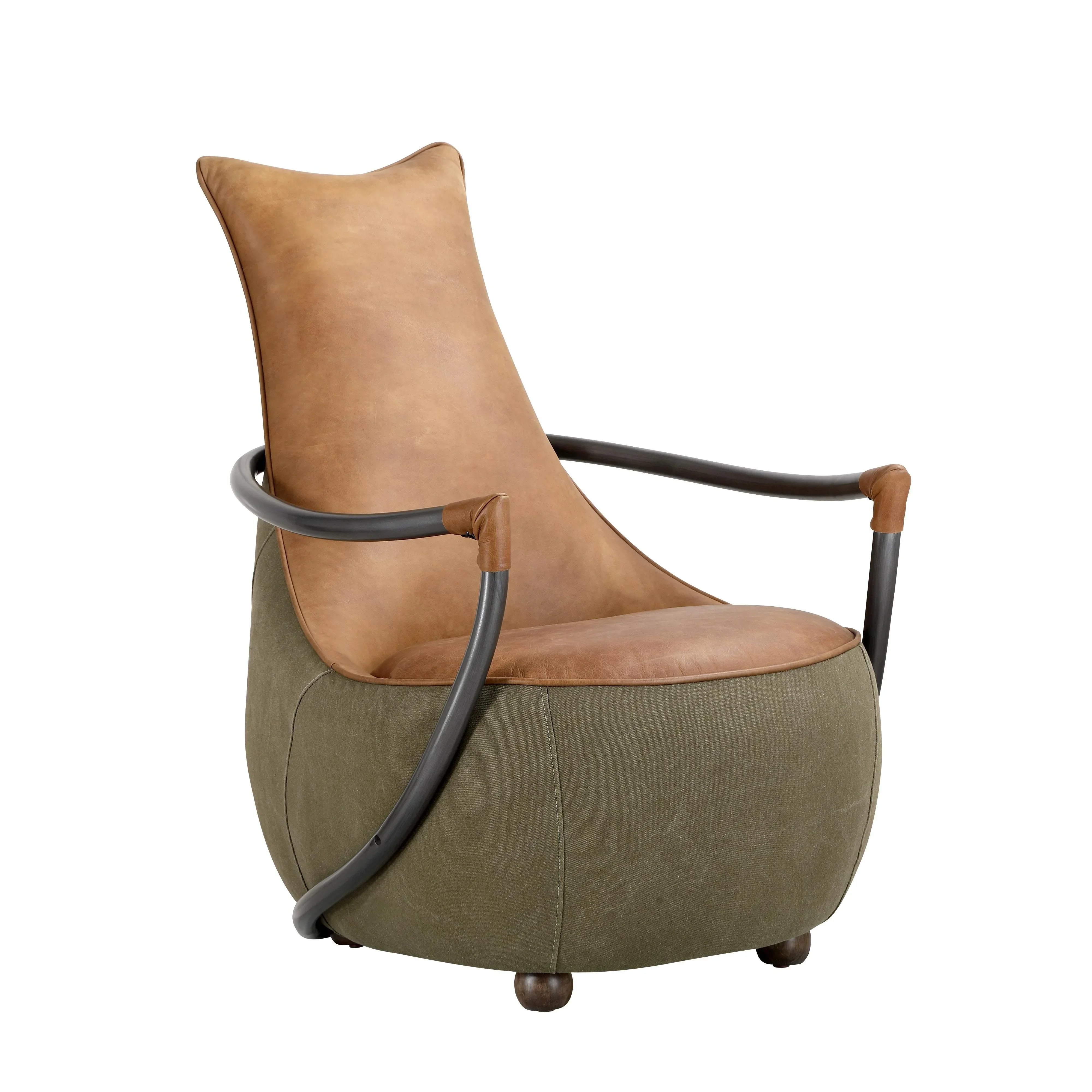 Leather accent chair with high back, olive fabric base, and black curved armrests