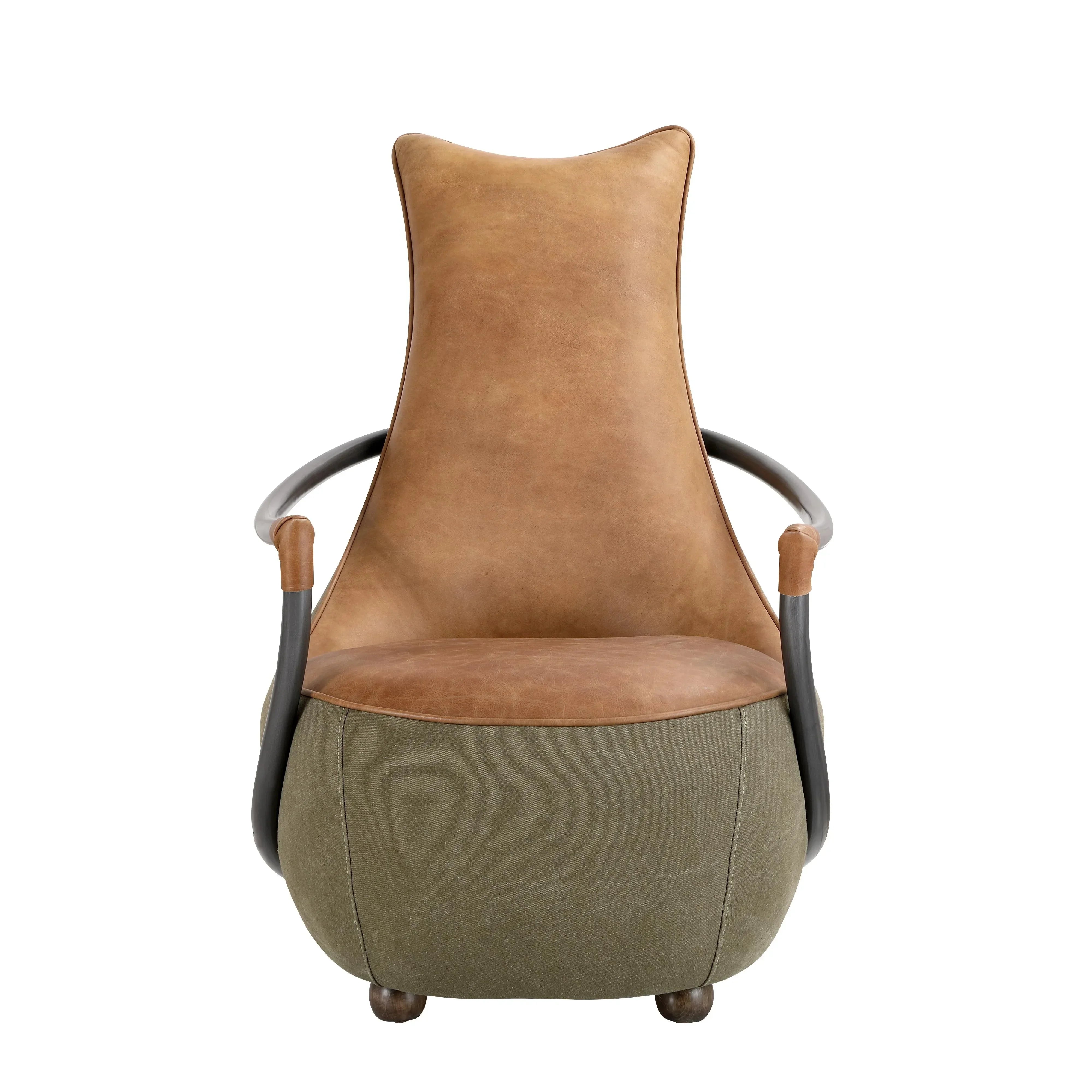 High back tan leather accent chair with curved black arms and olive green fabric base