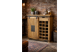 The Jupiter Industrial Wine Cabinet features a rustic wooden design with a sliding door, showcasing storage for multiple wine bottles and a stylish top surface for accessories