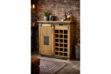 The Jupiter Industrial Wine Cabinet features a rustic wooden design with a sliding door, showcasing storage for multiple wine bottles and a stylish top surface for accessories