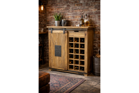The Jupiter Industrial Wine Cabinet features a rustic wooden design with a sliding door, showcasing storage for multiple wine bottles and a stylish top surface for accessories
