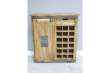 The Jupiter Industrial Wine Cabinet features a rustic wooden design with a sliding door, a small drawer, and space for storing multiple wine bottles