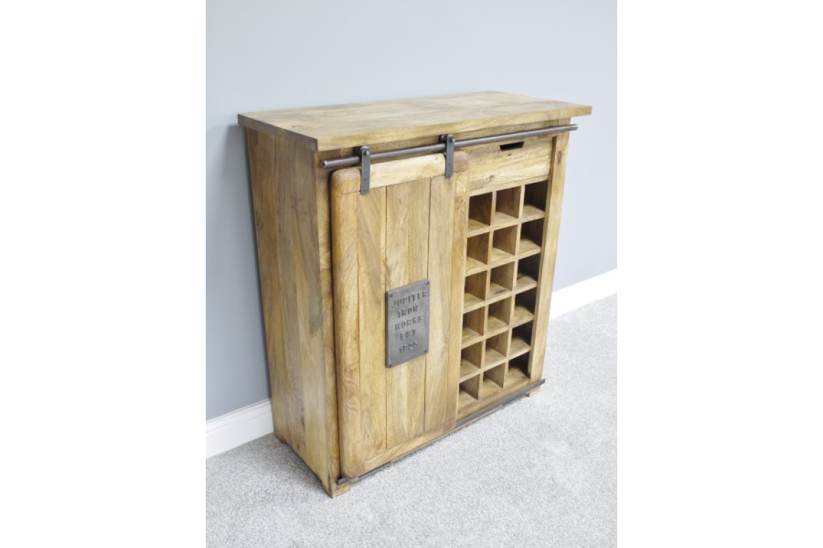 The Jupiter Industrial Wine Cabinet features a rustic wooden design with a sliding door and multiple compartments for wine storage, enhancing any living space