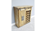 The Jupiter Industrial Wine Cabinet features a rustic wooden design with a sliding door and multiple compartments for wine storage, enhancing any living space
