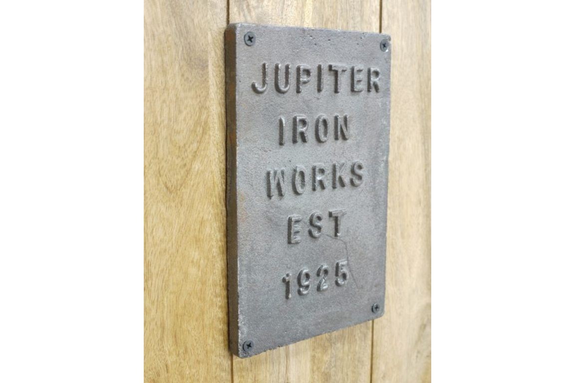 The Jupiter Industrial Wine Cabinet features a rustic wooden design with a vintage metal plaque, adding a touch of industrial charm to any space