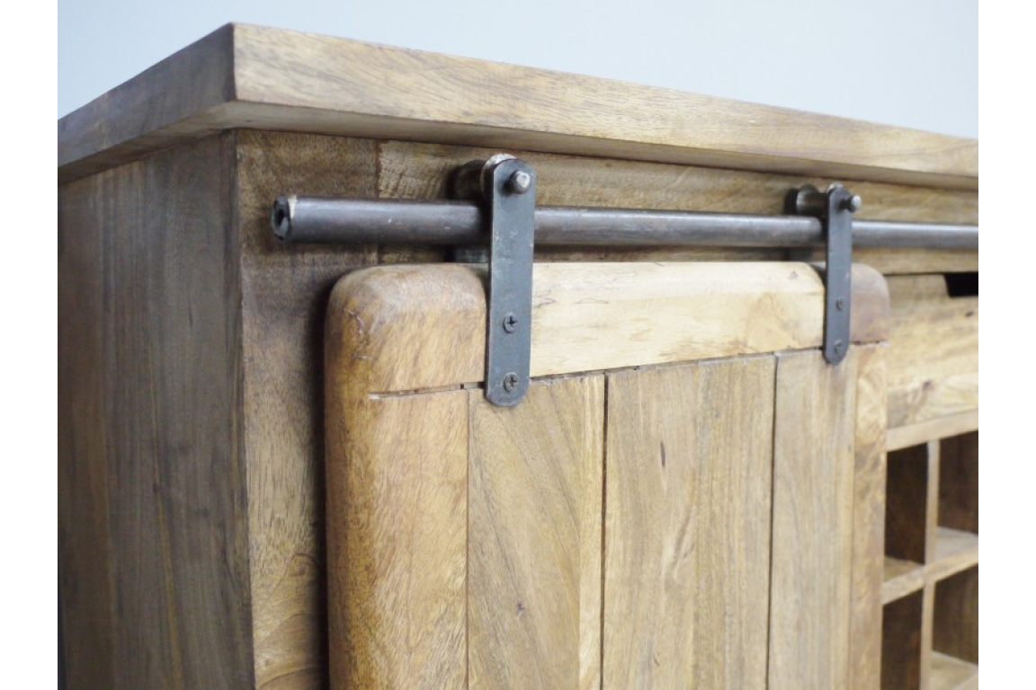 The Jupiter Industrial Wine Cabinet features a rustic wooden design with a sliding door mechanism and a sturdy top, perfect for stylishly storing wine bottles