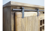 The Jupiter Industrial Wine Cabinet features a rustic wooden design with a sliding door mechanism and a sturdy top, perfect for stylishly storing wine bottles