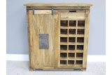 The Jupiter Industrial Wine Cabinet features a rustic wooden design with a sliding door, a metal plaque, and multiple compartments for storing wine bottles