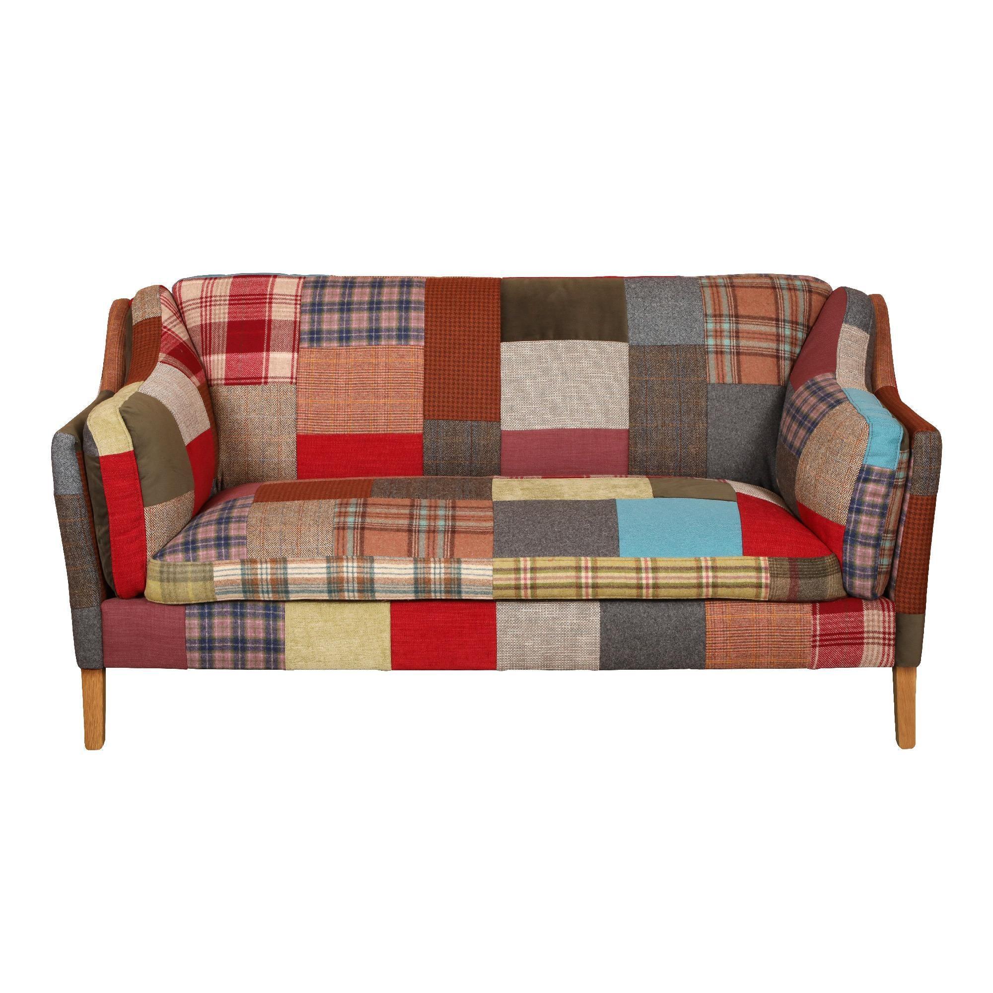 Patchwork fabric sofa with multi-coloured squares and wooden legs, front view