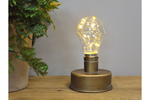 Small round industrial style metal light base with clear bulb containing warm white string lights, side view on wooden table.