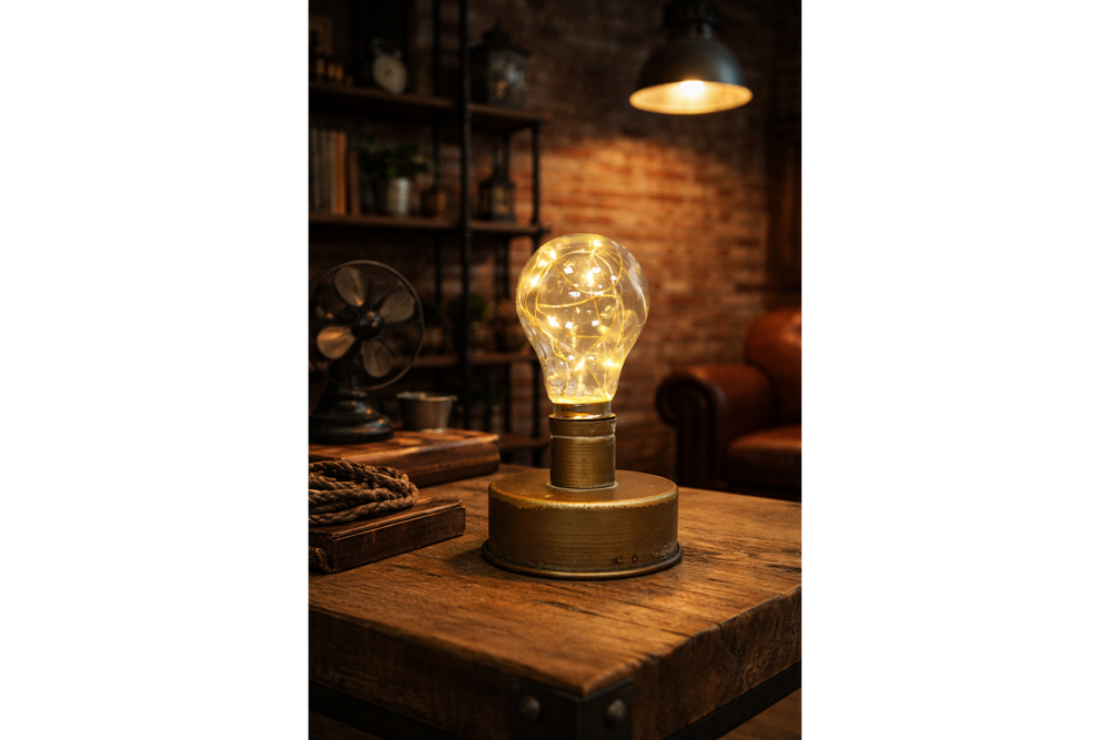 Table lamp with clear glass bulb filled with fairy lights on a round metal base, placed on a wooden table.
