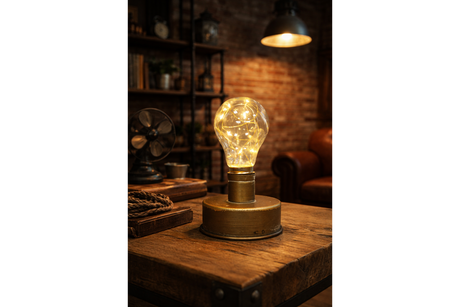 Table lamp with clear glass bulb filled with fairy lights on a round metal base, placed on a wooden table.