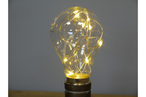 Decorative clear glass bulb with warm white LED fairy lights inside, shown close-up on dark base.