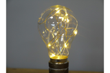 Decorative clear glass bulb with warm white LED fairy lights inside, shown close-up on dark base.