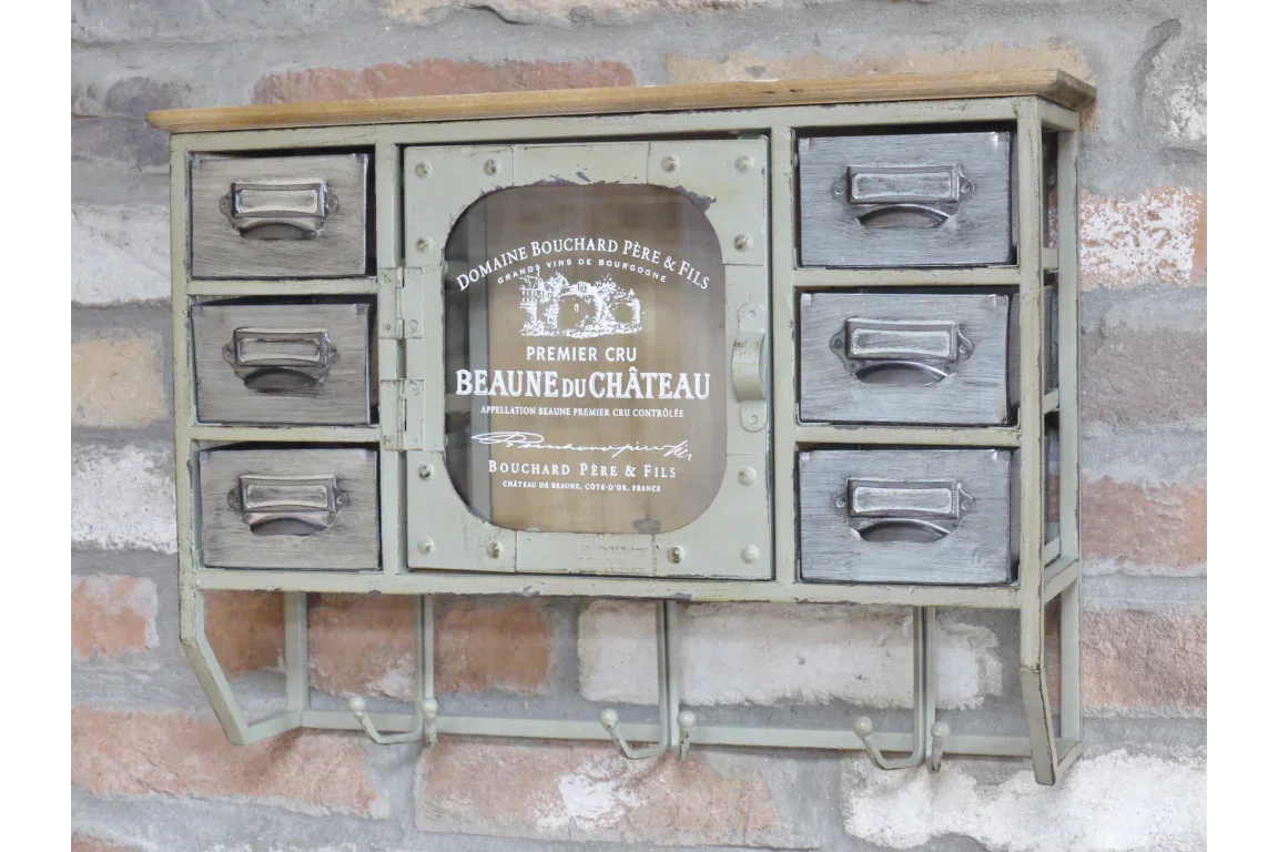 Rustic wall mounted storage unit with six metal drawers, central glass door, and hooks