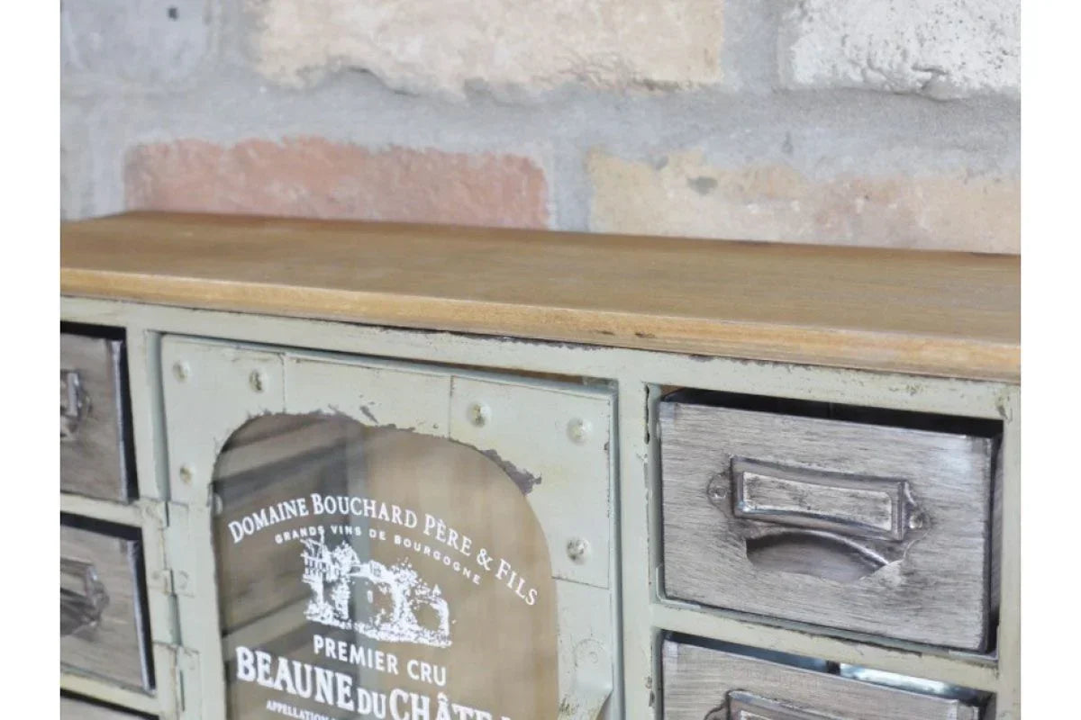 Distressed wood and metal storage cabinet with vintage drawers and glass door panel
