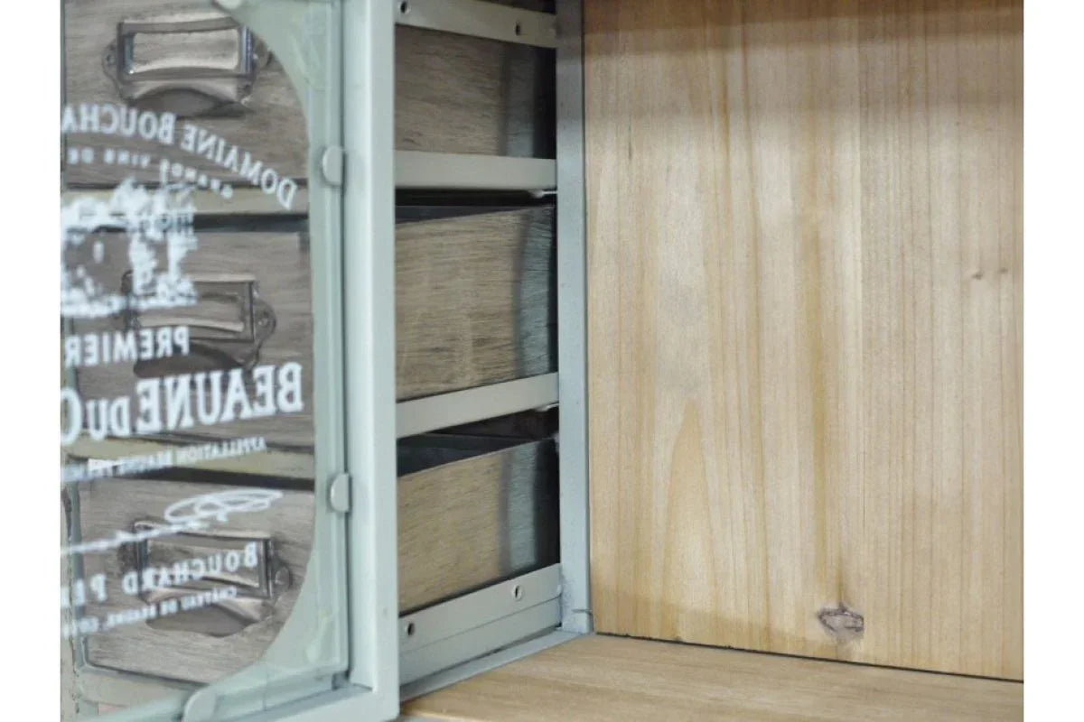 Close-up of wooden storage cabinet interior with open glass door and metal shelf supports