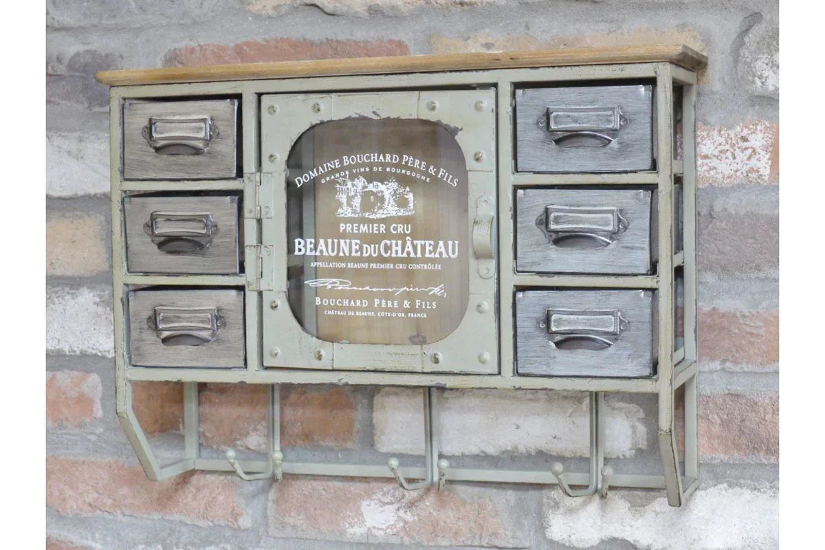 Rustic wall mounted storage unit with six drawers, central glass door and metal hooks