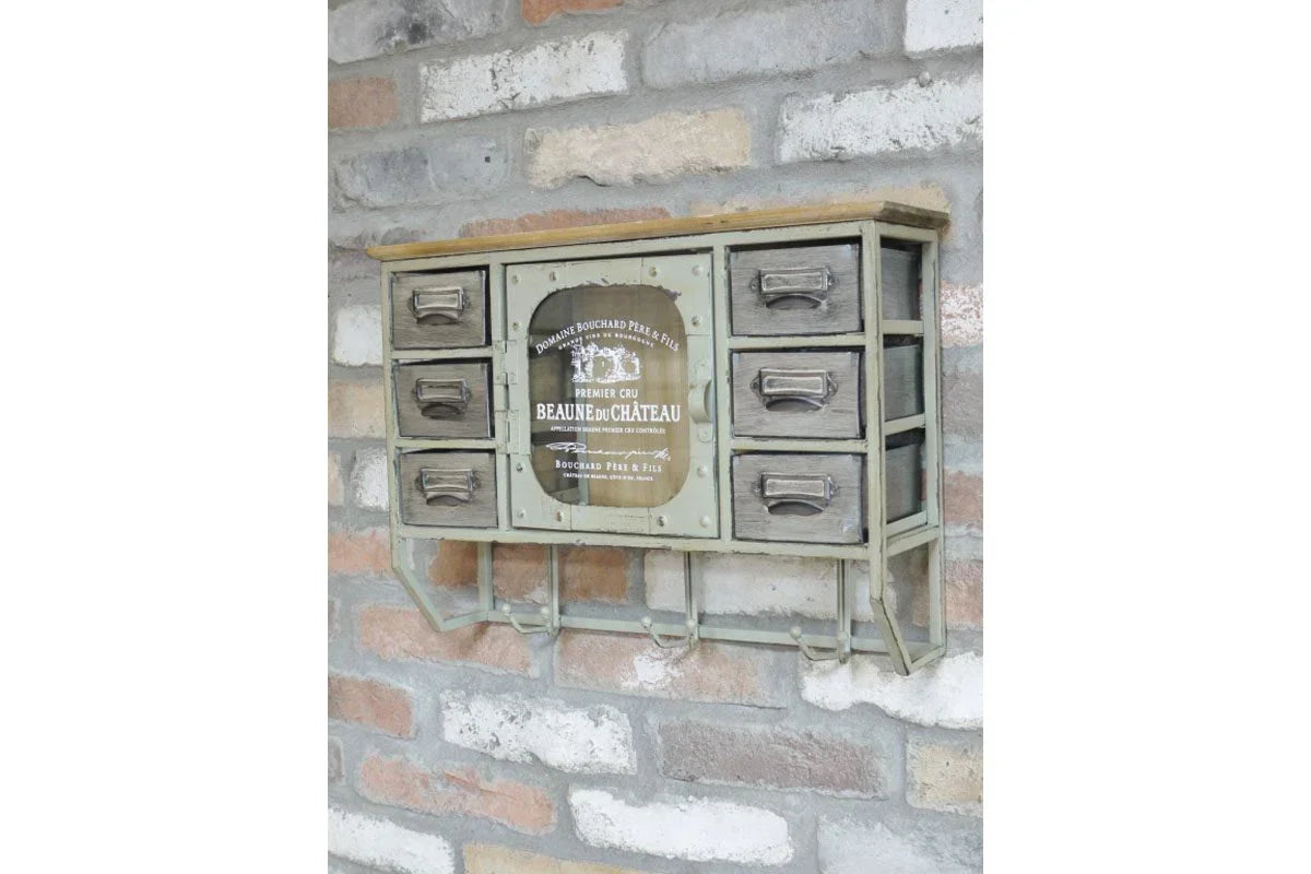 Wall-mounted vintage storage cabinet with metal frame, six drawers and central label door