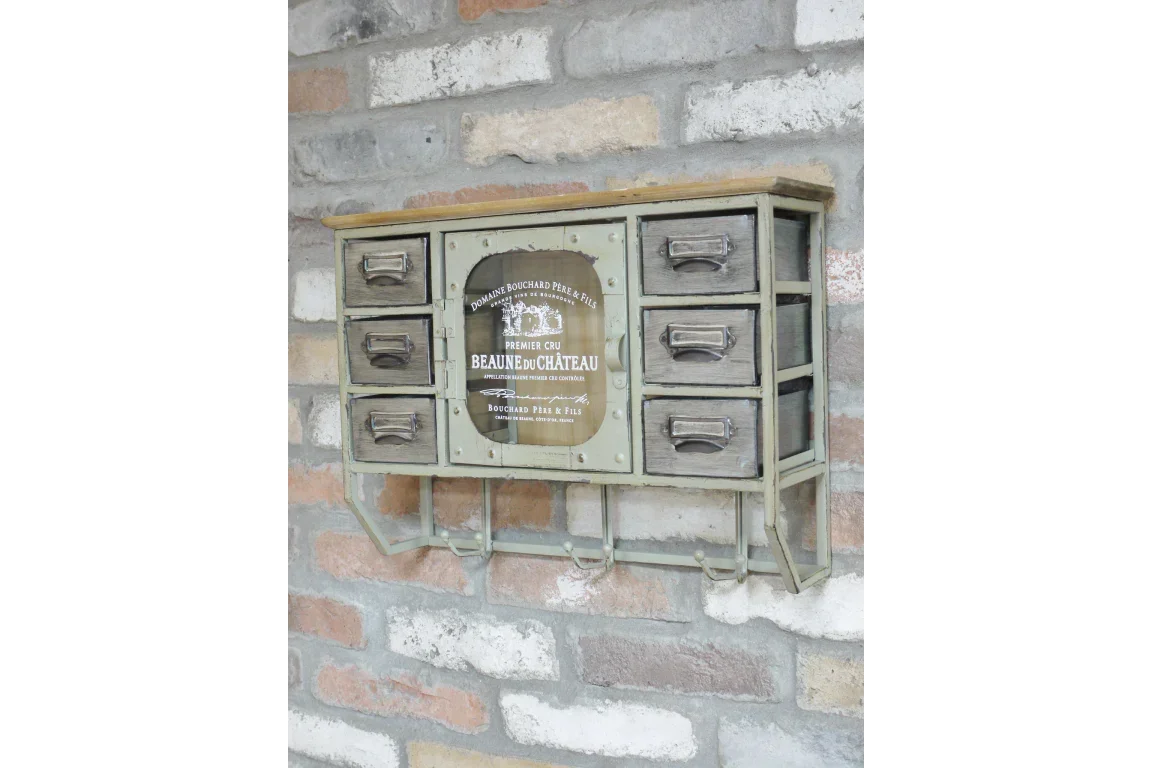 Wall mounted storage unit with six small drawers and hooks, rustic metal and wood design