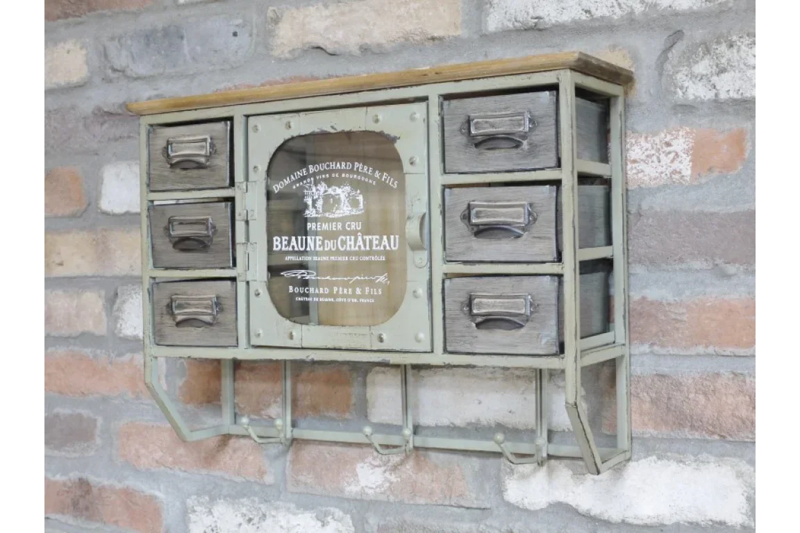 Industrial wall mounted storage unit with six drawers and hooks, metal and wood finish