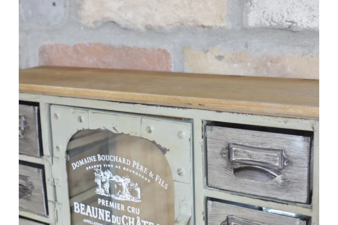 Industrial sideboard with wooden top, metal drawers, and vintage printed glass door