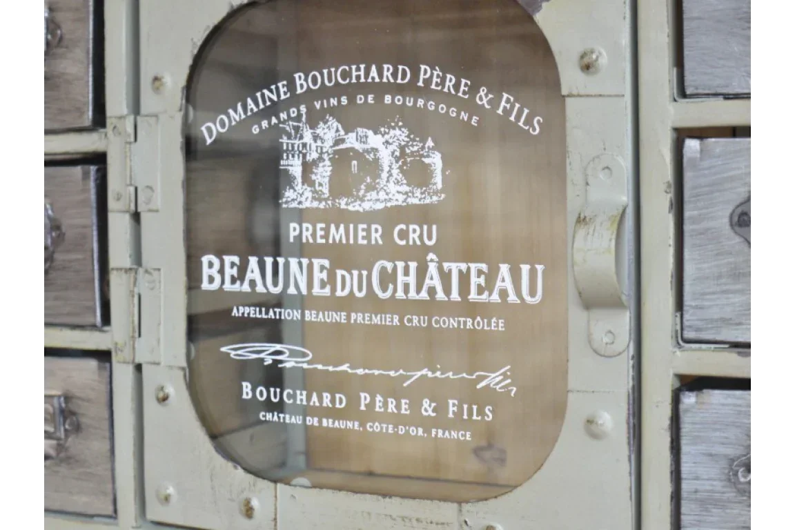 Vintage wooden cabinet door with glass panel and Premier Cru wine text design