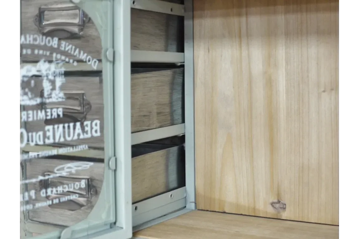 Interior detail of wooden cabinet with glass door and metal shelf supports