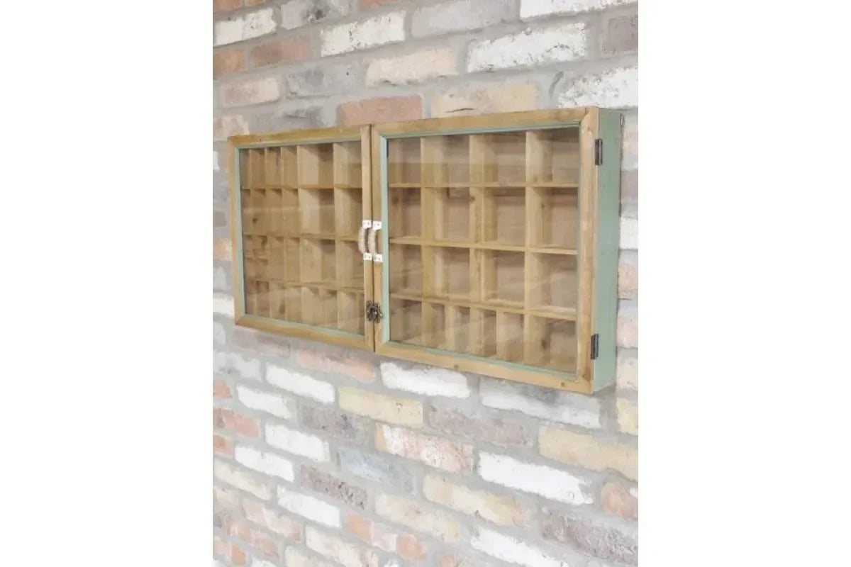 Wall-mounted wooden display cabinet with glass doors and compartments
