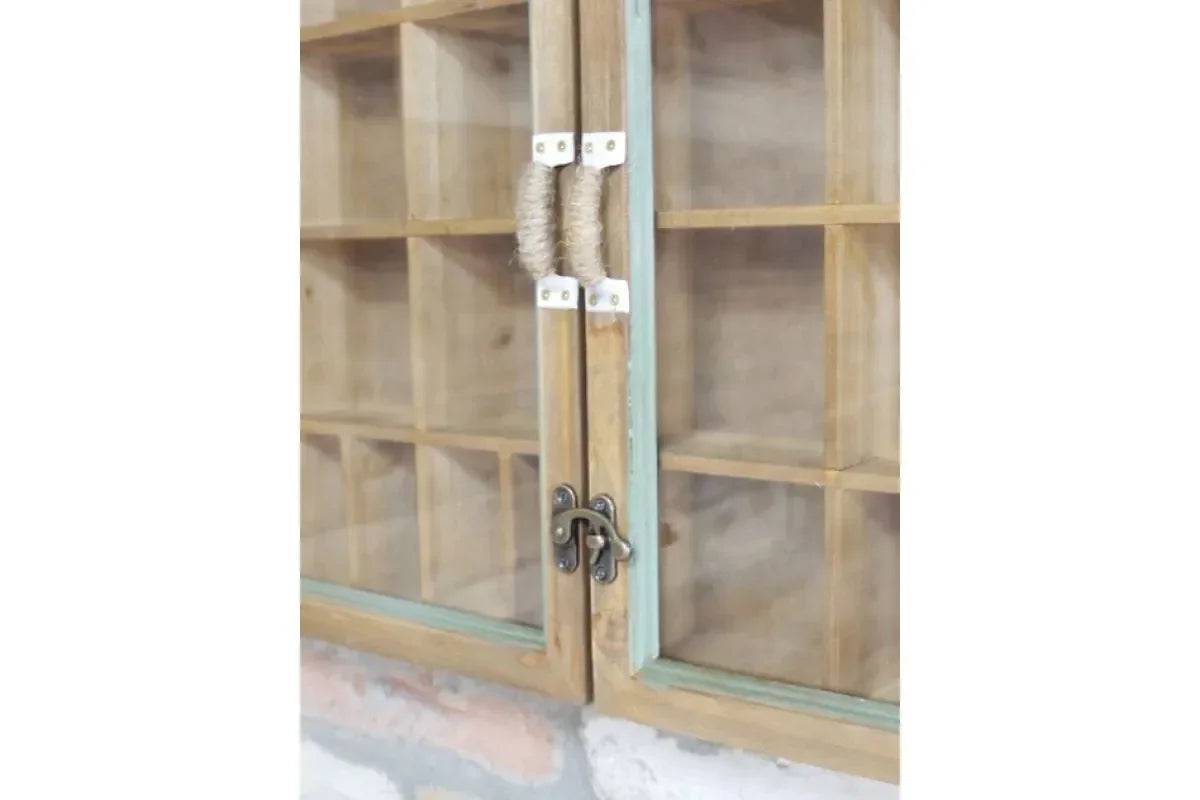 Wooden display cabinet with glass doors, rope handles, and compartment shelving
