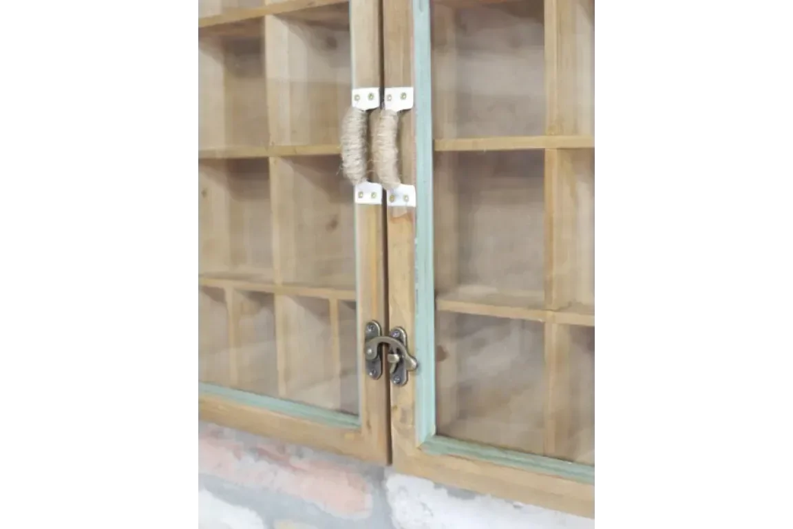 Wooden display cabinet with glass doors, rope handles, and metal latch on wall
