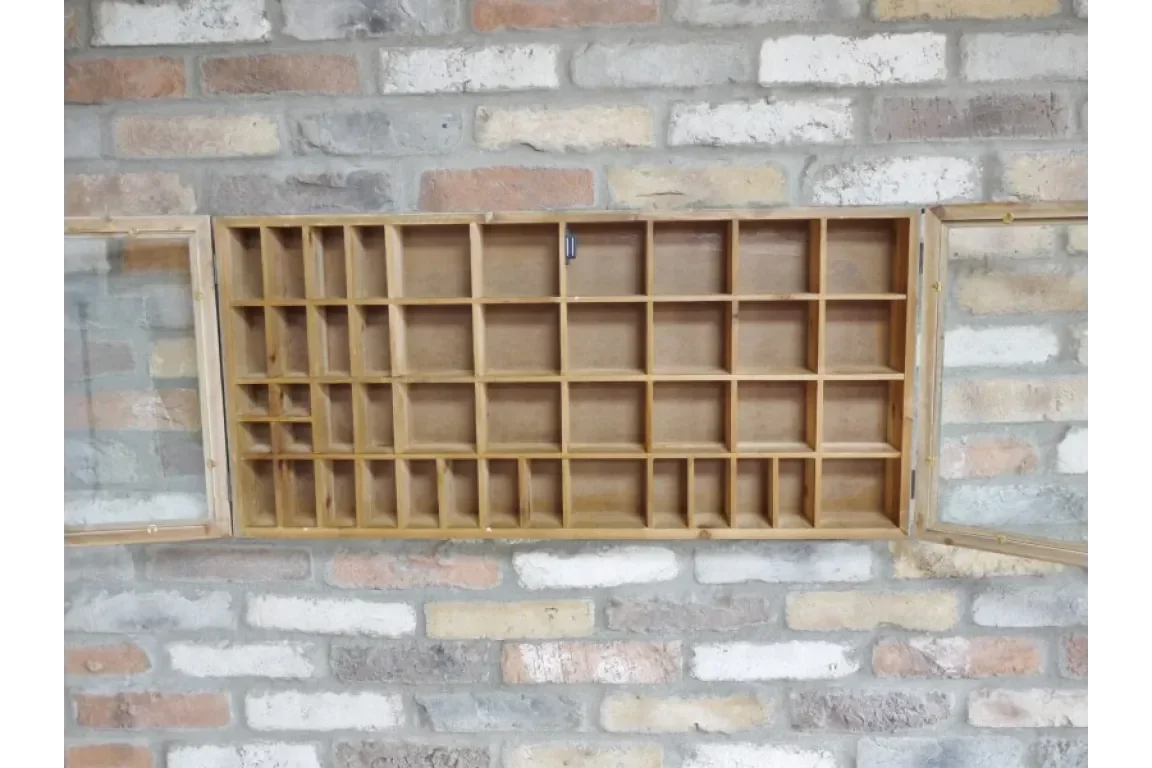 Wooden wall-mounted display cabinet with glass doors and multiple compartments