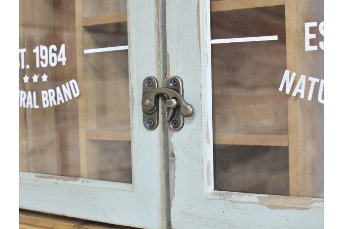 Rustic glass cabinet doors with vintage brass latch and distressed wood frame