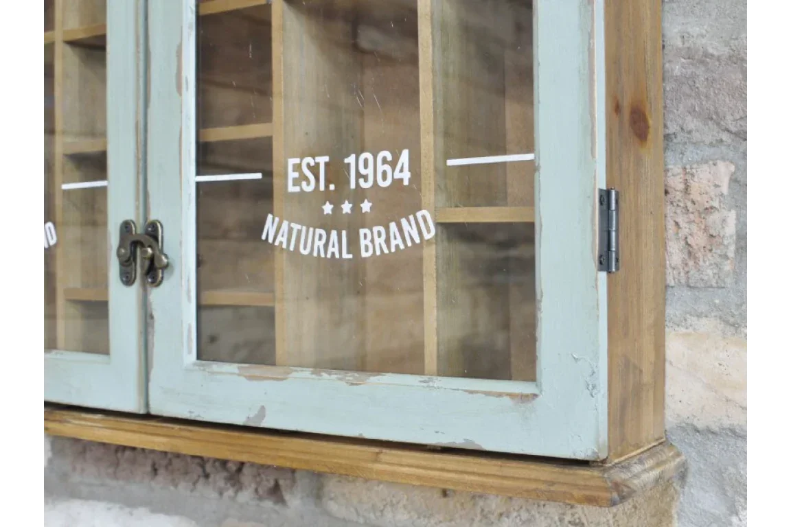 Rustic glass-fronted wooden wall cabinet with latch, distressed finish, and visible shelves