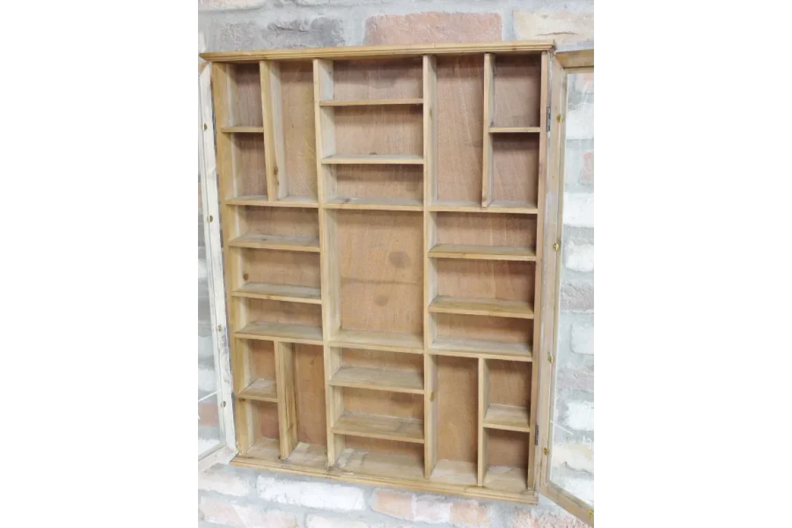 Wooden wall display cabinet with multiple shelves and open compartments