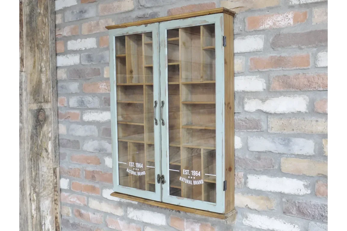 Rustic wooden display cabinet with glass doors and shelves mounted on brick wall