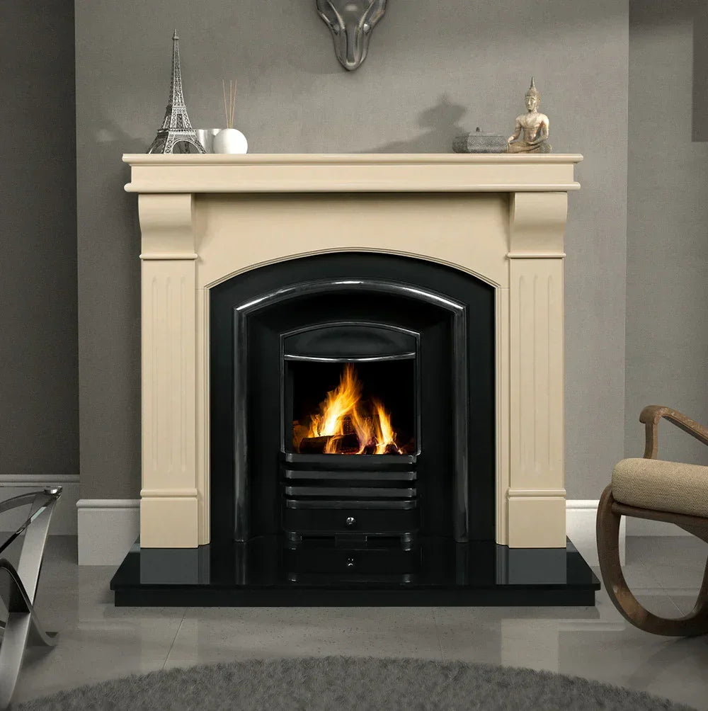 Roma ivory cream fireplace surround with black fire insert in a modern living room